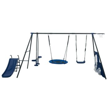 Xns052 Grey and Blue Interesting Six Function Swingset with Net Swing Metal Plastic Safe Swing Set 440Lbs for Outdoor Playground for Age 3+ with 31.5In Net Swing,Grey+Blue Steel Toys Swing Sets