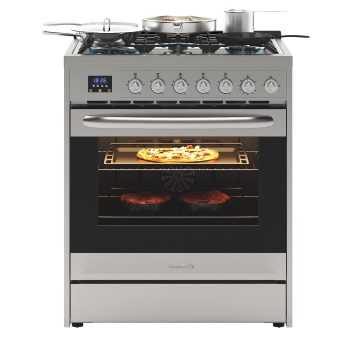 30 Inch Professional Gas Range Stove with 5 Burner Cooktop, Rapid Convection Oven, and Digital Timer with Heavy-Duty Cast Iron Grates, Stainless-Steel Appliance, Silver