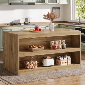 Finmind 59-inch Kitchen Island with Storage, 3-Tier Farmhouse Stationary Island Table with Spaciouse Tabletop and Seating Area for Dining Room, Kitchen, Light Wood
