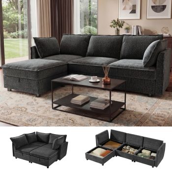 BedLuxury 97" Modular Sectional Sofa with Storage, L-Shaped Modern Sofa Couch with Movable Ottoman for Living Room, Office