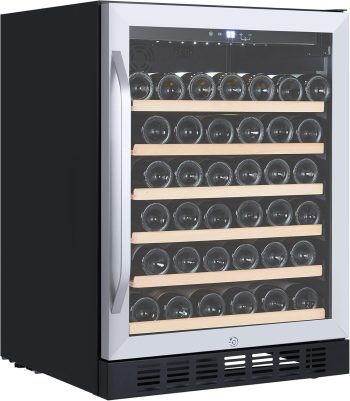 Homhougo Wine Cooler Refrigerator with LED Display - 24 Inch Under Counter Wine Fridge Cabinet, Beverage Cooler with Quiet Compressor & Smart Temperature Control - 46 Bottle Capacity, Black