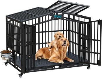 54'' Heavy Duty Indestructible Dog Crate XXL - Extra Large Metal Dog Kennel with Open Top, 2 Adjustable Bowls & Lockable Wheels, Escape Proof Indoor Cage for High Anxiety Big XL Large Breeds
