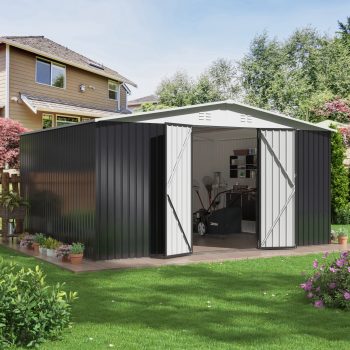 MUCHANT 12'x14' Outdoor Metal Storage Shed with Updated Frame Structure and Lockable Doors, Steel Garden Tool Sheds for Backyard, Patio, Lawn, White