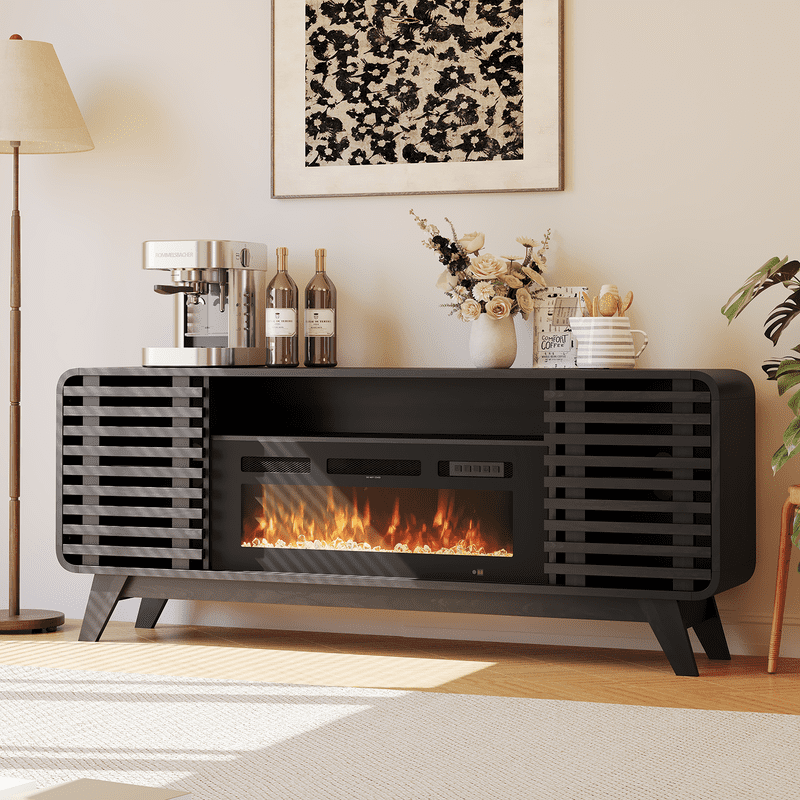 LazySunsets Mid Century Modern Fireplace TV Stand with 36 Inch Electric Fireplace LED Lights Fits TVs up to 80 Inch Wood Media Console with Slatted Sliding Doors for Living Room