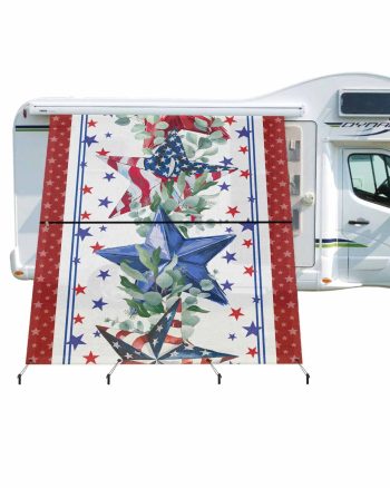 4th of July RV Awning Sun Shade Screen 9'X7' Star USA Flag Mesh Sunscreen Eucalyptus Leaves Red Blue Awning Shade Screen with Zipper UV Blocker Completed Kits Outdoor Canopy for RV Motorhome Camper
