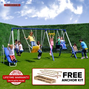 Sportspower Super 9 Metal Swing Set with Teeter-Totter, Glider, Roman Glider, Standing Swing, Trapeze, Blow-Molded Swing, 5 ft Slide, Anchor Kit, 6.1 ft Steel Frame