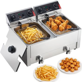 VEVOR Commercial Electric Deep Fryer, Upgrade Dual Tank 19 Qt, 3500W Stainless Steel Countertop Fryer with Baskets & Lids, Temp Control, Timer, Overheat Protection, for Commercial Restaurant, Silver