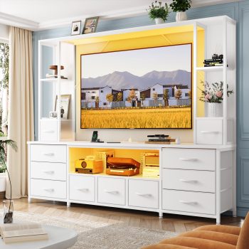 EnHomee 65" TV Stands for Living Room Wall Unit Entertainment Center with 11 Fabric Drawer,TV Stand with LED Lights & Power Outlets