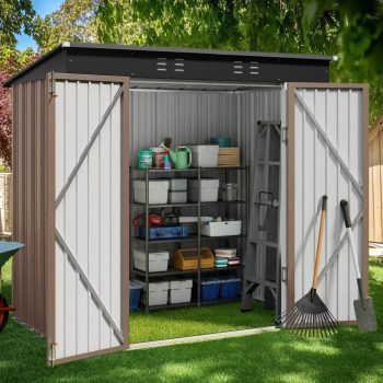 6x4 FT Metal Shed, Asofer Brown Outdoor Storage Shed with Slooping Roof Tool Shed Bike Shed for Backyard, Patio
