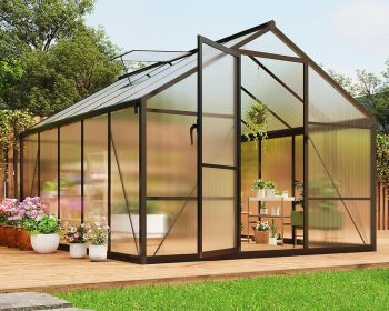 8x10 FT Greenhouse, Polycarbonate Walk-in Greenhouse for Outdoors with Roof Vent & Lockable Outward-Opening Swing Door, Heavy-Duty Aluminum Green House for Garden, Backyard, Patio, Lawn, Dark Grey