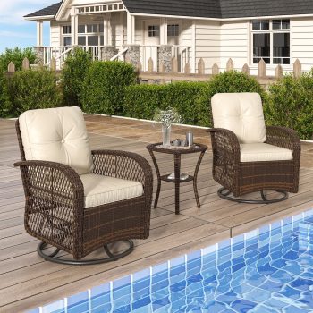Clouddwell 3 Piece Patio Swivel Rocker Wicker Rattan Patio Conversation Set Outdoor Sectional Sofa Set with Coffee Table and White Cushions