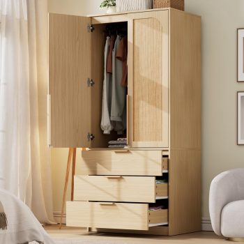 Kicctian Wardrobe Closet with 3 Drawers, 70" Bedroom Armoire with 2 Doors & Hanging Rod, Clothes Storage Organizer Cabinet for Bedroom, Living Room