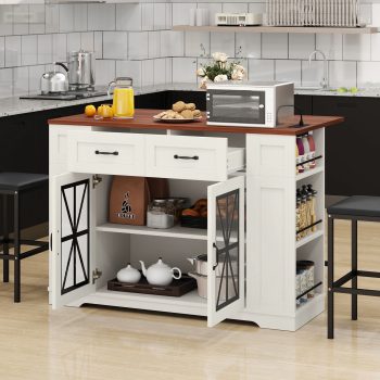 Uforic 47 Inch Storage Kitchen Island Island with Foldable Drop Leaf & Power Outlet, Spice Rack, 2 Upholstered Stools & Footrest for Kitchen Dining Room,Off White