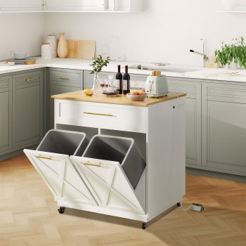 Uforic Kitchen Storage Cart with 2 Tilt Out Trash Can, Rolling Kitchen Island with Power Outlets & Drawers, White