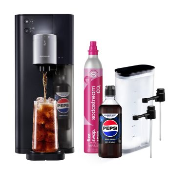Sodastream Fountain Sparkling Drink MakerBlack/Silver, Includes Quick Connect CO2, Water Tank, 2 FlavorConnect Caps, and Pepsi Zero Drink Mix, 14.9oz