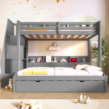 Euroco Twin over Full Bunk Bed with Trundle, Wood Bed with Storage Staircase, Shelves and USB Ports