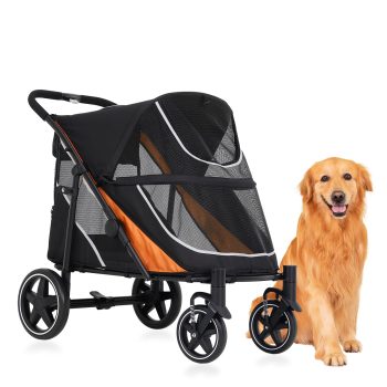 Large Dog Stroller for Extra Large Dogs, Heavy Duty Pet Stroller with All-Terrain 11" Rear Wheels & 360 Front Swivel, One-Hand Fold Travel Carrier Wagon for Medium Big Dogs, Orange