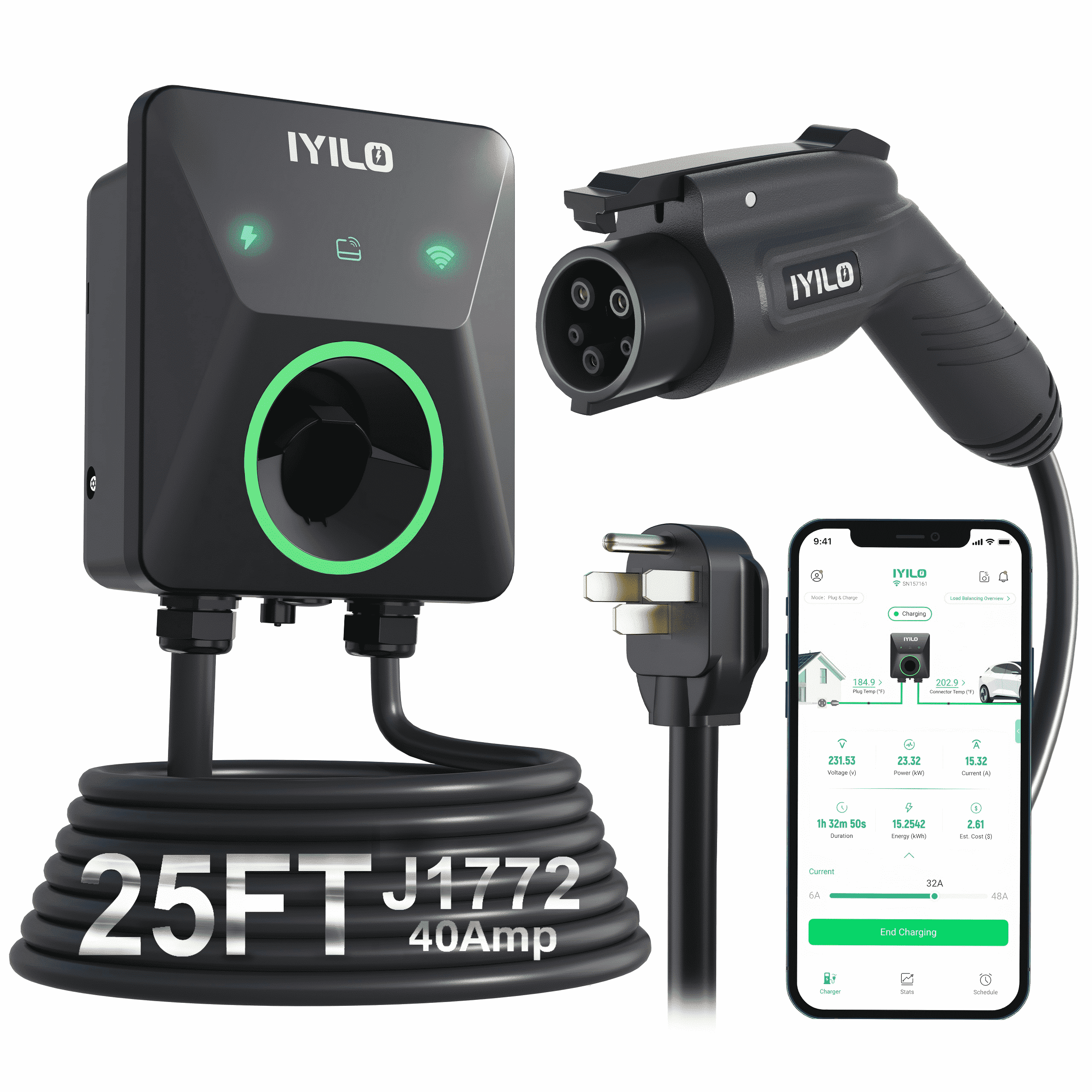 IYILO 40A Level 2 EV Charger, NEMA 14-50P, J1772, 25FT Cable, Dual Temp Sensors, UL 2594, ETL, FCC