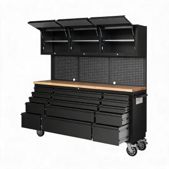 72" Mobile Workbench, Heavy Duty Tool Chest Cabinet with 15 Drawers and 3 Upper Cabinets, Large Tool Bench Organizer with Wood Top and Pegboard for Garage, Black