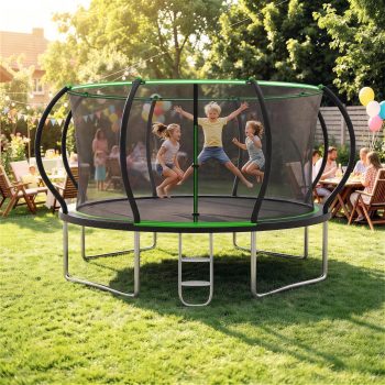 Cochan 12FT 1200LBS Pumpkin Outdoor Trampoline with Safety Enclosure Net & Ladder, Extra Large Backyard Trampoline for Kids and Adults, Anti-Rust Backyard Heavy Duty Round Trampoline, Birthday Gift