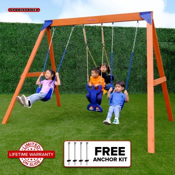 Sportspower Madison Wooden Swing Set with 2 Height Adjustable Sling Swings and 2 Person Roman Glider, Backyard Outdoor Playset for Kids Ages 3-8, Bonus Anchor Kit