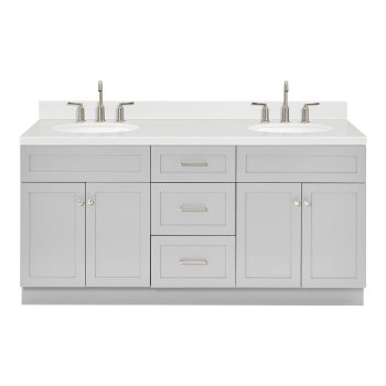 DKB Bradford 72-Inch Double Bathroom Vanity with Sink, 1.5-Inch Edge Carrara Quartz Countertop & Backsplash, Oval Sinks, 4 Soft Closing Doors, 3 Dovetail Drawers, Toe Kick, Brushed Nickel