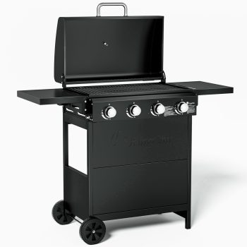 4-Burner Propane Grill Smoker, Kingchii 38,000 BTUs Gas Grill with Foldable Side Tables, Built-in Thermometer for Outdoor Grilling, BBQs and Camping