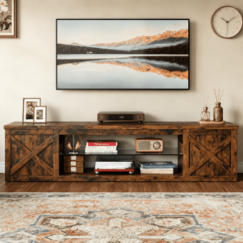 HOMRELEXA Farmhouse TV Stand for TVs Up to 80", Home Entertainment Center with LED Light, Open Storage Cabinet & Adjustable Shelves