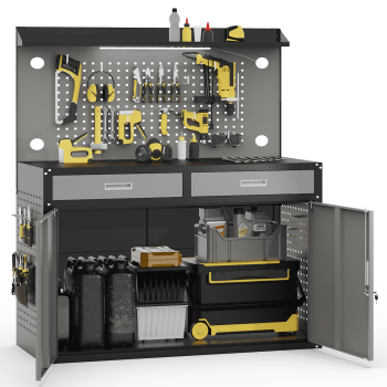65" Heavy Duty Workbench with Drawers and Lockable Storage Cabinet- 2000 LBS Capacity Work Bench with Pegboard Organiser,Work Table with Adjustable LED Light for Garage,Workshop and Repair Shop