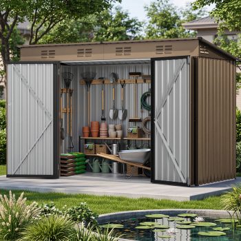 Uforic 9x4ft Metal Outdoor Storage Shed, Heavy Duty Lockable Tool Shed with Vents, for Backyard Patio Lawn Bike Lawn Mower Garden Tools, Brown