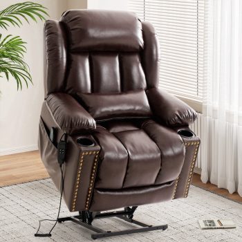 INGALIK Dual Motor Power Lift Recliner Chair with Cup Holder, Infinite Position Lay Flat Recliners for Adult & Elderly with Heat & Massage, Type-C Charge for Living Room, Leather (Brown)