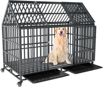 Ufyerutg 54 Inch Heavy Duty Dog Crate Extra Large Dog Cage Kennel, Indestructible XXL Dog Crate with Open Roof Top, Trays and Wheels, Escape-Proof for High Anxiety Giant Dogs