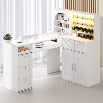 Advwin Manicure Table Nail Tech Desk w/ LED Display Shelf, L-Shaped Glass Top Nail Station w/ USB Ports, Cabinet, Drawer, Wrist Rest, Professional Salon Manicure Workstation