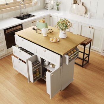 Kitchen Island with Drop Leaf & 2 Stools – Solid Wood, Farmhouse Style, 47.2"L x 29.5"W, Power Outlet
