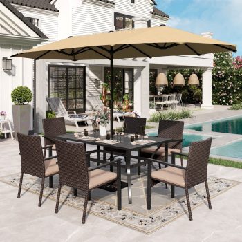 Alpha Joy 8-Piece Outdoor Patio Dining Set with 13 ft Umbrella (No Base), Rattan Chairs & Rectangle Table Set for 6
