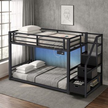 Twin Over Twin Bunk Bed for Small Spaces with Storage Stairs, LED Lights, USB Charging Station, Metal Bunk Bed with 3 Drawers and Shelves