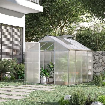 Outsunny 8' L x 6' W Walk-In Polycarbonate Greenhouse with Roof Vent for Ventilation & Rain Gutter, Hobby Greenhouse for Winter