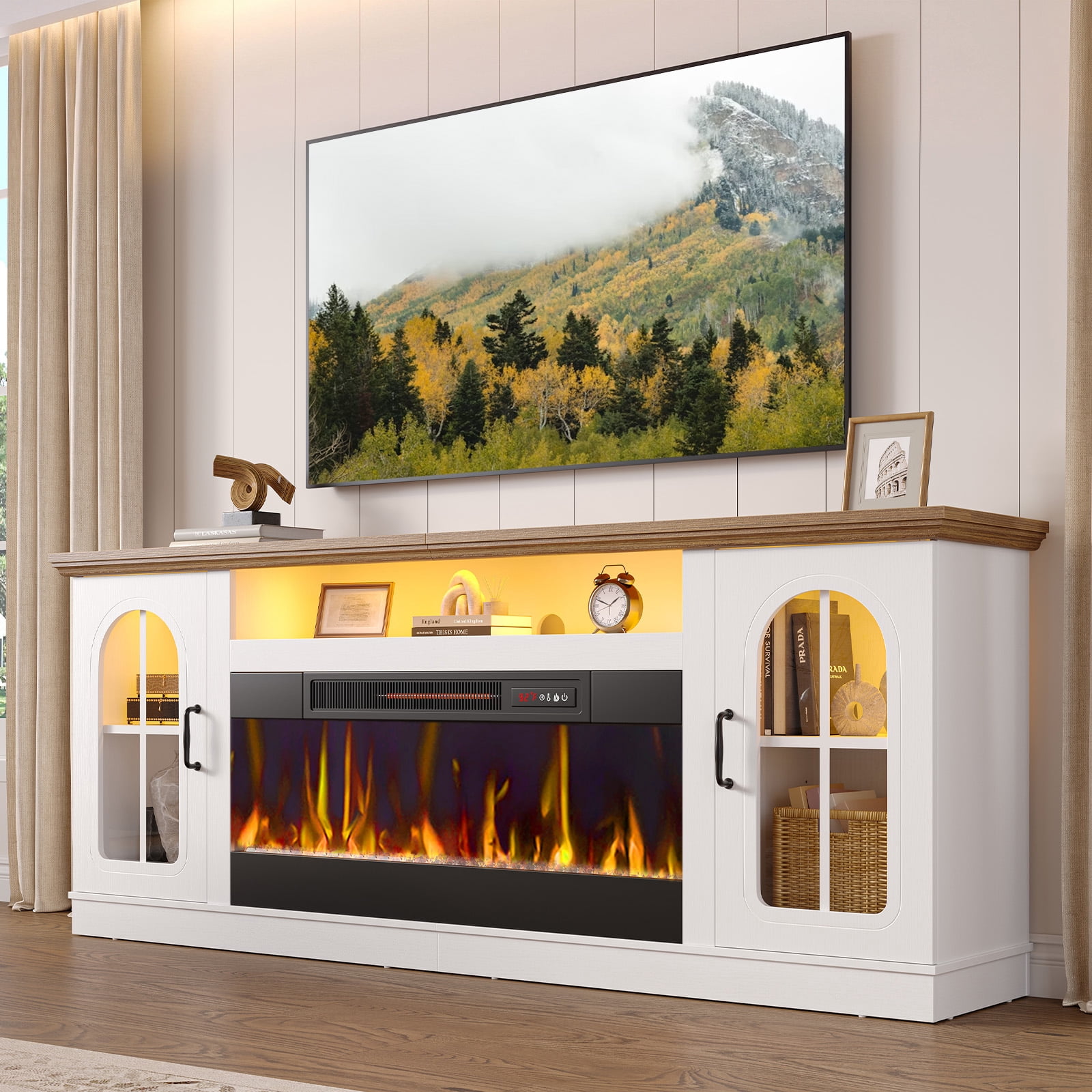 Bestier 70" Fireplace TV Stand with 36" Electric Fireplace, Farmhouse Entertainment Center for TVs up to 75", TV Console with LED Lights, Glass Door, Adjustable Shelves for Living Room
