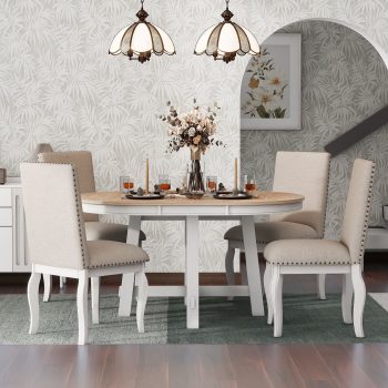 Harper & Bright Designs 5 Piece Farmhouse Dining Table Set Wood Round Extendable Dining Table and 4 Upholstered Dining Chairs, Oak Natural Wood + Antique White