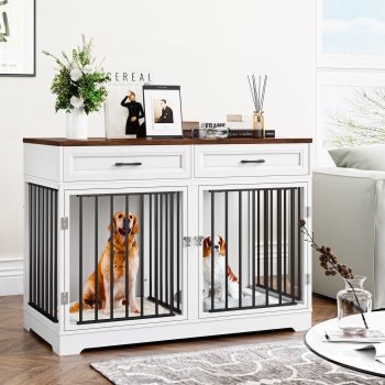 Homfa Dog Crate Furniture with 2 Drawers, 47.2 in Wooden Indoor Dog Cage Table with Divider