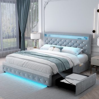 SIBEDS Bed Frame with Upholstered Storage Adjustable Headboard, Platform Bed Frame with LED Lights and 2 Drawers, Velvet Grey