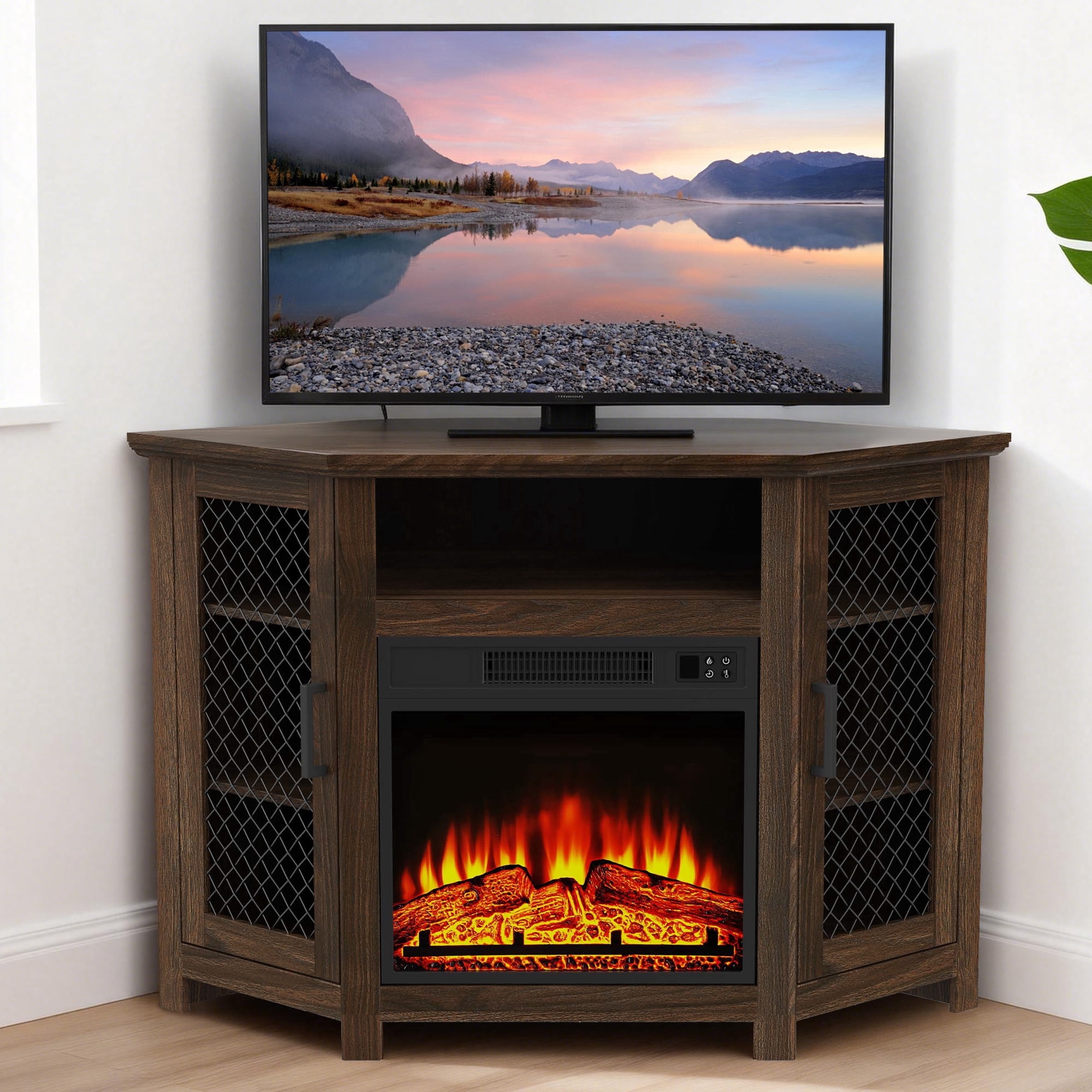 Farmhouse 45-Inch Electric Corner Fireplace TV Stand for TVs up to 55", Media Console Table with Adjustable Shelves, Metal Mesh Design