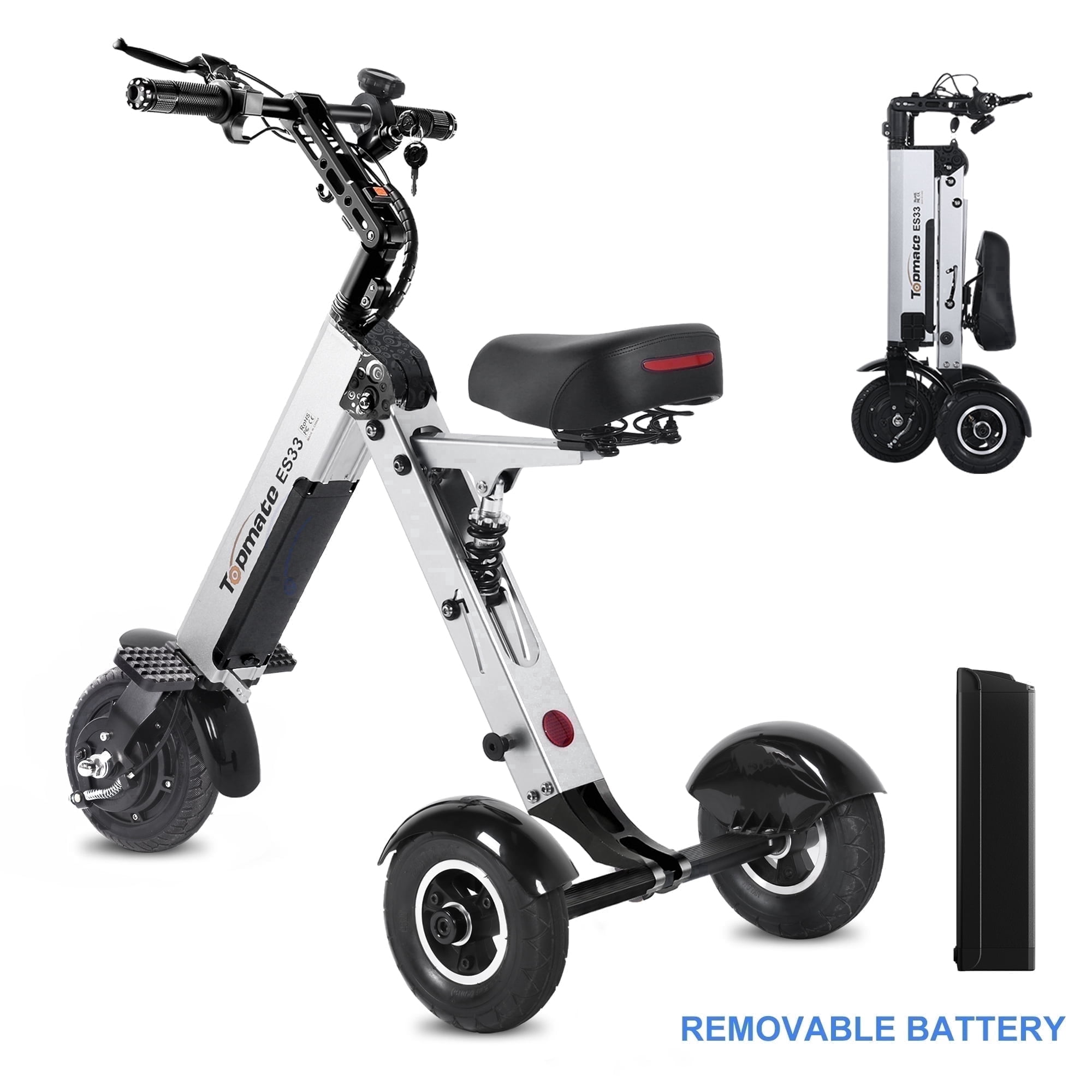 TopMate ES33 Powered Mobility Scooter 3 Wheels Foldable Trike with Seat for Adults Senior, 8 inch Tires Lightweight Electric Scooter with Removable 36V 7.8AH Battery & Reverse Function