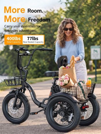 Jasion JT18 Step-Thru Electric Tricycle for Adults, 500W 3 Wheel Electric Bike with Front & Rear Baskets, 48V 13Ah Battery, 55-Mile Range, 18" Fat Tires