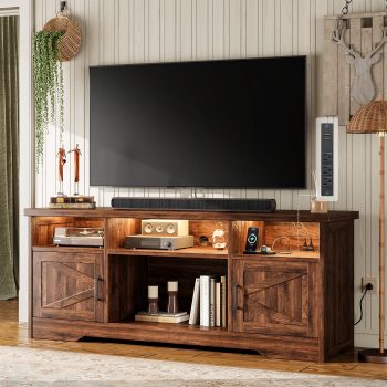 Farmhouse LED TV Stand for 65 Inch TV, Entertainment Center with Power Outlet, Media Console with Storage Cabinets and Shelves