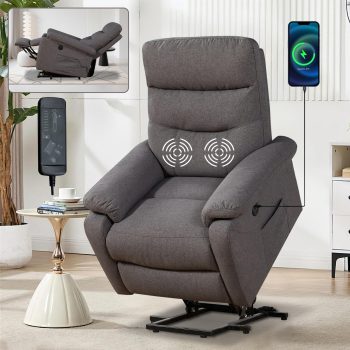 Aukfa Power Lift Recliner Chair with Massage&USB Port for Adult, 2 Side Pockets, Linen, Gray