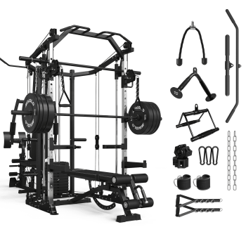 Mikolo Smith Machine Power Cage, Multi-Function Home Gym System with Cable Crossover, 121LB Weight Stack