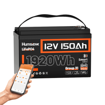 HumsiENK 12V 150Ah LiFePO4 Battery Group 31 Lithium Battery with Bluetooth Deep Cycle Battery 110A BMS, 15000+ Cycles for Solar, RV, Marine, Off-Grid, Travel Trailers – Lightweight