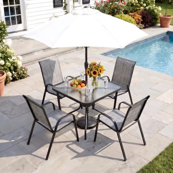 Pirecart 5-Piece Outdoor Patio Dining Table Set with 4 Stackable Textilene Chairs for for Patio, Lawn, Garden, (Umbrella not included)