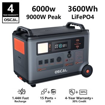 OSCAL 6000W Solar Generator, Portable Power Station 3600Wh LiFePO4 | 6000W (9000W Surge) | 1.5 H Charge | DC/AC Bi-Directional Inverter | for Home Emergency, Outdoor Camping, Hurricane Backup